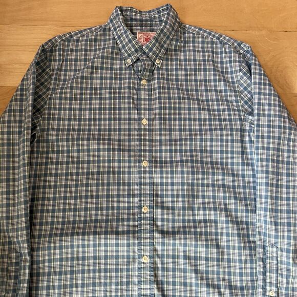 J Press Button Up Shirt XL Blue Green Collared Long Sleeve Oxford New York - Picture 2 of 6